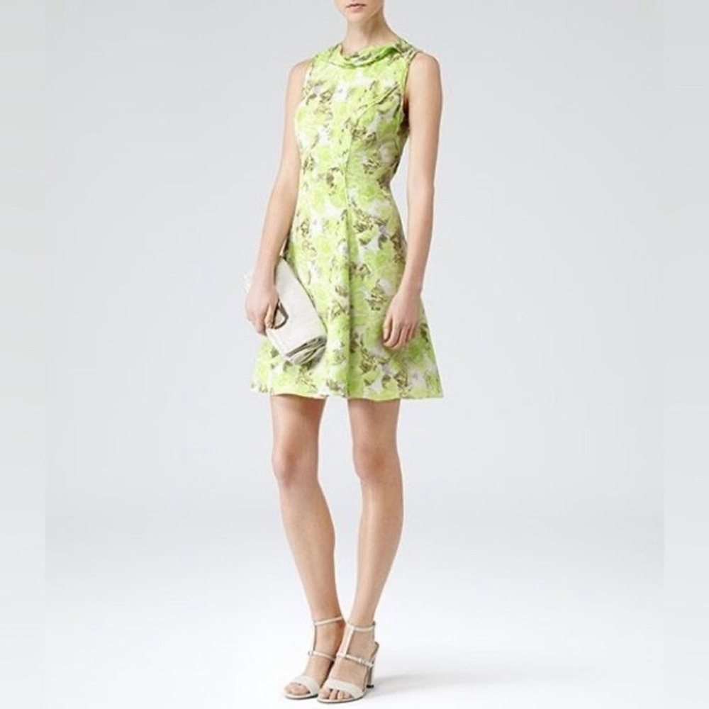 Reiss Lime Green Floral Sleeveless Cowl Neck Mini Dress Size 4